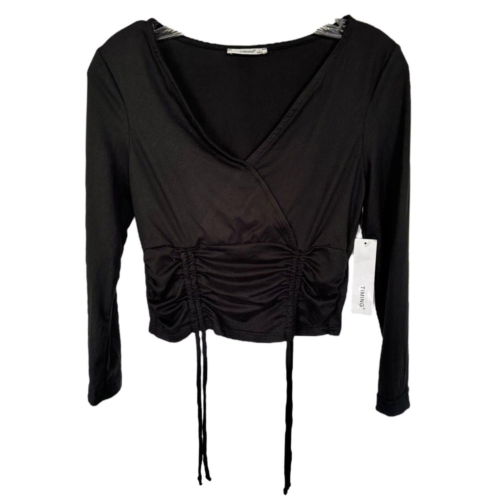 TIMING Juniors Long Sleeve Ruched Crop Top V-Neck Size L Black